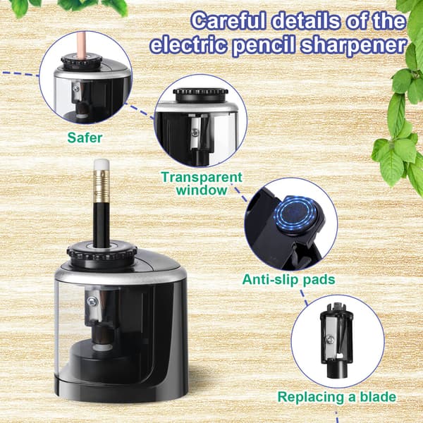 Pencil Sharpener with Container, Battery Operated, Replaceable Blade, Safe Non-Slip Portable Electric Sharpener for Home, Office, School