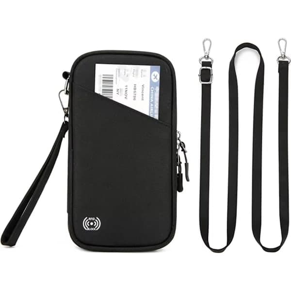Passport Holder, Travel Wallet Case, Waterproof RFID Blocking Card Organizer with Hand Strap, Zipper, Shoulder Strap, Black