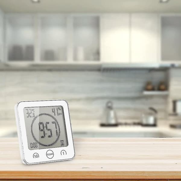 Badeværelsesur, LCD Digital Alarm med Vandtæt Touch Bruseur, Temperatur Fugtighed, Nedtællingstimer, 3 Monteringsmetoder, Batteridrevet (hvid)