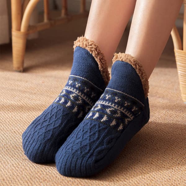 Tofflor, innesockor, halkfria, varma & mjuka stickade, 1 par, storlek 39-42/26cm, blå, termiska