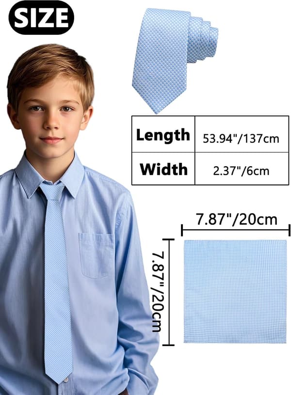 Gutteslipssett Ensfargede slips for gutter Barn Selvbinder med lommetørkle Formell Bryllup Kirke Konfirmasjon Himmelblå - Sky Blue