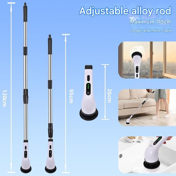 QU-Electric Rotary Cleaning Brush with 8 Replaceable Brush Heads, with Adjustable Handle for Bathroom, Kitchen, and Car