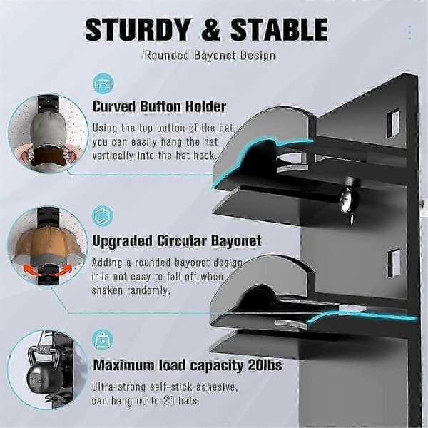 2PCS Hat Organizer for Baseball Caps Wall Hat Rack with Strong Adhesive Mount Holds up to 20 Hats, Hat Hanger Holder Display hk