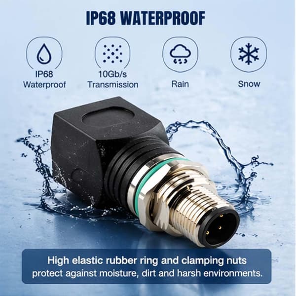 RJ45 til M12 4-pinners adapter, IP68 vanntett skjermet, 10 Gb/s