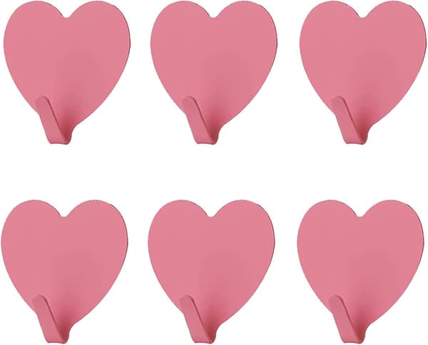 6-pakning hjerteformede dekorative veggkroker, (rosa) rustfritt stål