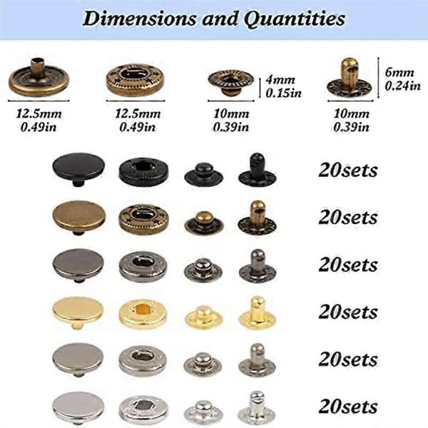 Leather Snap Fasteners Kit, 120 Set Metal Snap Buttons with 6 Mounting Tools, for Clothing [DB] As shown As shown