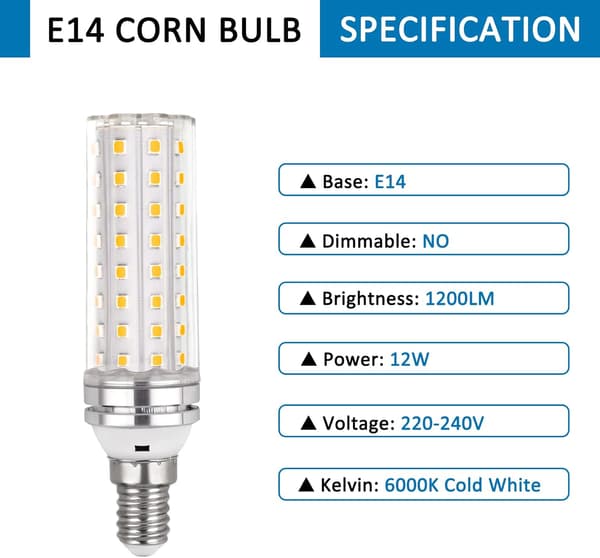 E14 12W LED Bulb, 220-240V, 1200LM Cool White 6000K, Non-Dimmable, Equivalent to 100W Incandescent Bulb, 4-Pack