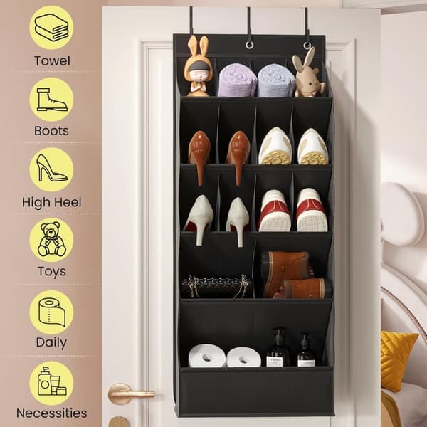 Door-Mounted Shoe Organizer - 15 Pockets for Wardrobe & Wall with 3 Hooks black black