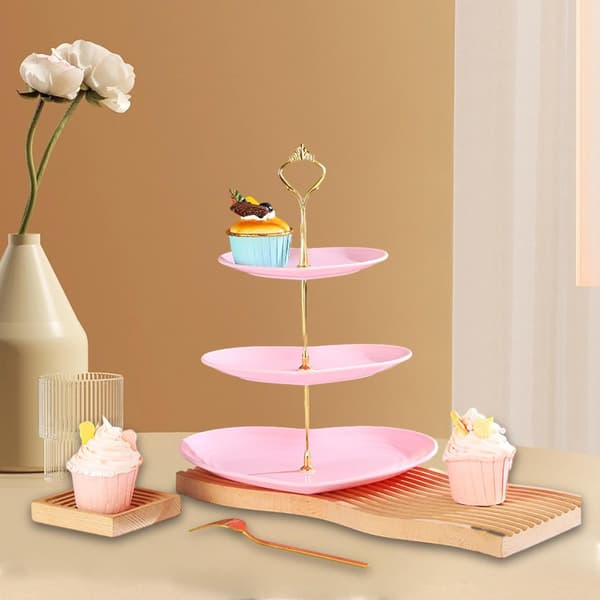3-vånings Cupcake-ställ, Våningsfat, Bröllopsdessert Cupcake-ställ, Serveringsfat för godsaker, Våningsserveringsbricka, Tårthållare Rosa