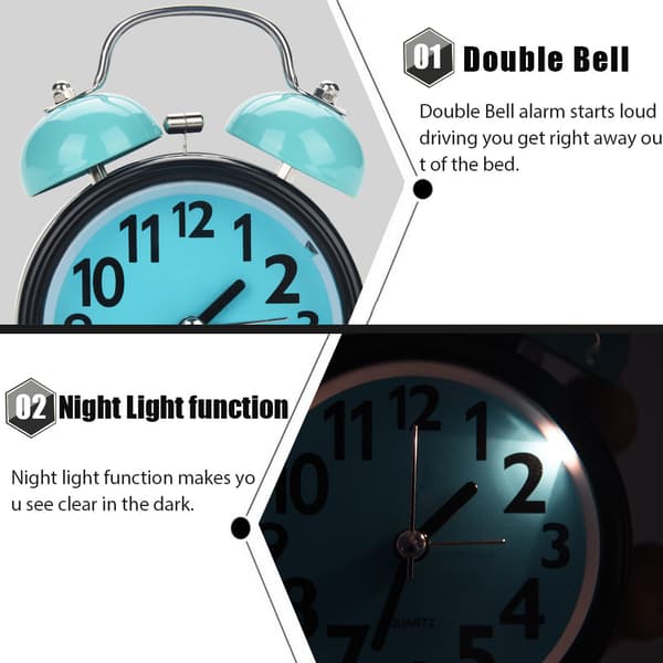 Dual Bell Ultra Silent Mechanical Alarm Clock Quartz Movement Desk Table Night Clock (Blue)