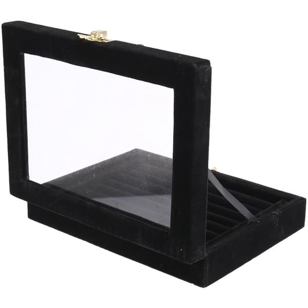 Fløjl Glas Ring Ørering Display Opbevaringsboks Bakkeholder Organizer Etui, Sort