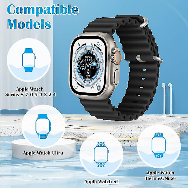 Sopiva Ocean-rannekke Apple Watch -rannekkeelle 49mm 44mm 40mm 45mm 41mm 42mm 38mm 44mm silikoniranneke iwatch-sarja 8 Ultra 7 6 3 Se -rannekke Midnight 38mm 40mm 41mm