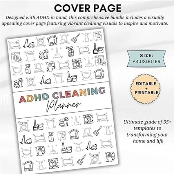 ADHD Cleaning Planner, Editable Daily Weekly Monthly and Yearly Home Cleaning Checklist, Household Organization Tool, 1 pc