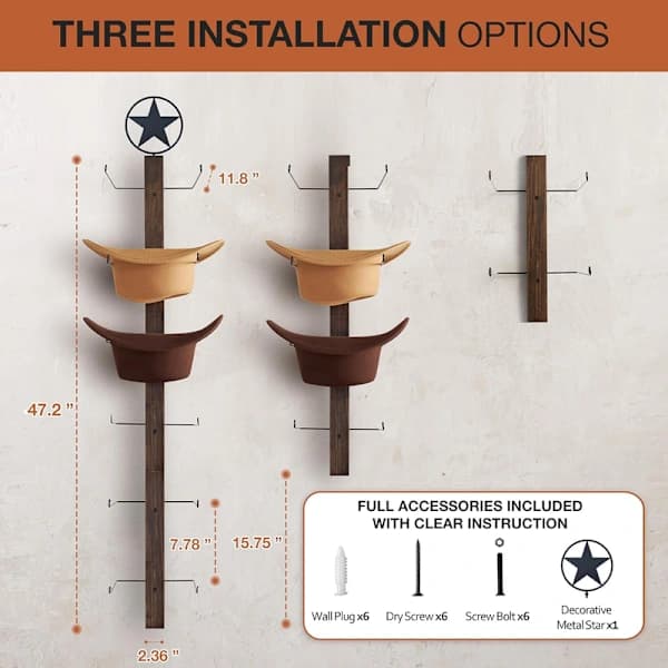 Cowboyhatteholder Vægstativ 6-kroge Træ Western Hat Organizer