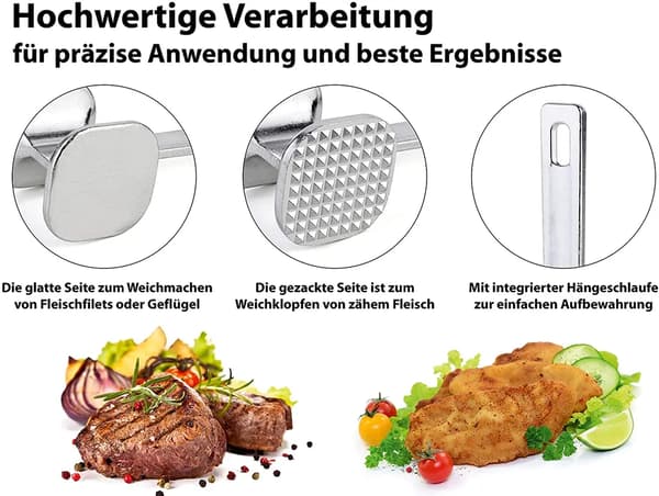 Kødhammer 21 cm, til mørt kød, kødhakker i aluminium, schnitzelhammer med 2 slåflader