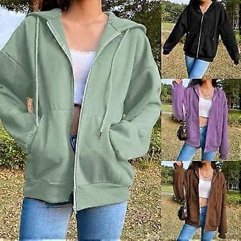Hoodie jacket with drawstring, long sleeves, pockets and zipper, solid color autumn women's sweatshirt (XL gray)