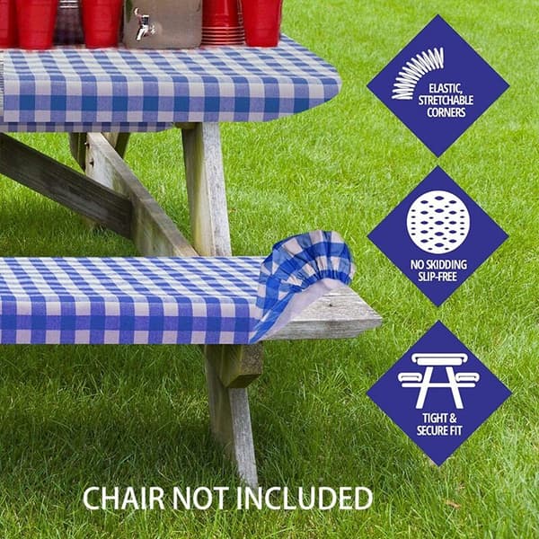 Vinyl picnickbord og bænkeovertræk, ternet mønster, flannelforing, 3-delt sæt, blå