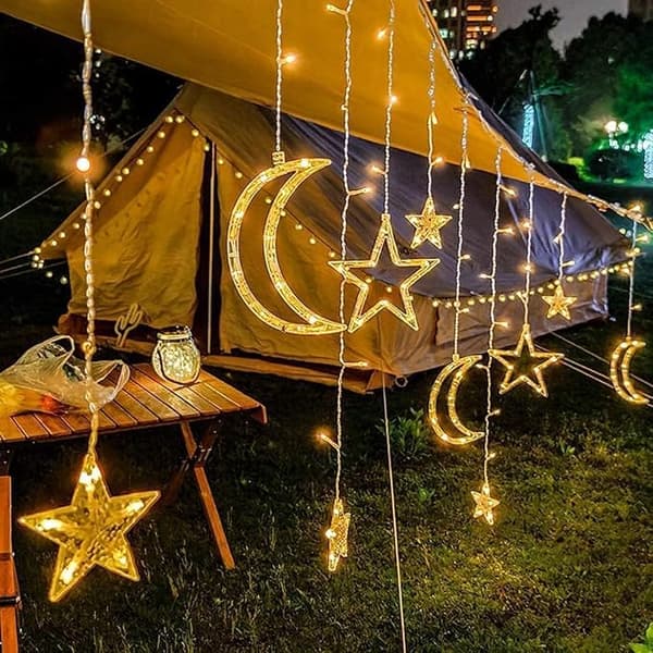 LED Ramadan Light String, 3.5 m Light Curtain Window Indoor USB/Battery, LED Ramadan Lamp Star Moon Islamic Style Warm White