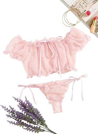 Dame selvbundet plissert jacquard mesh undertøysett sexy BH og truser