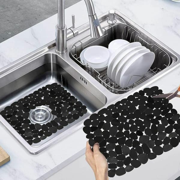 Sink Drain Protector, 2 Adjustable Sink Protector Mats, Black Stainless Steel Sink Mat, Dish Rack for Bathroom Kitchen Counter, 40 x 30 cm