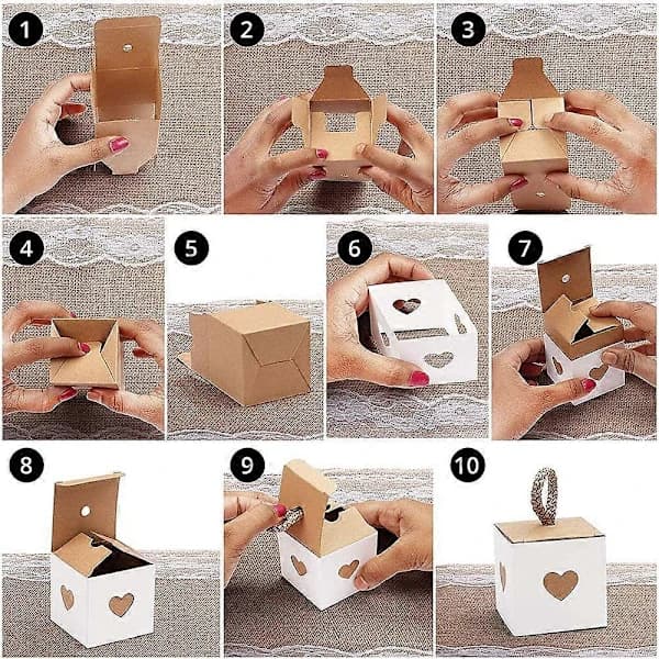 50 st Kraftpapper Godisbox, Presentbox i Papper, Hjärtformade Presentaskar, 5,5 x 5,5 x 5,5 cm Vikbar Presentask i Kraftpapper