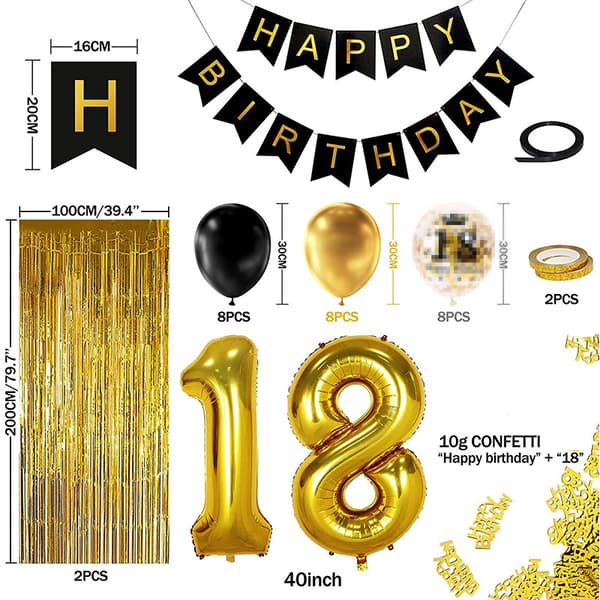 18 år svart gull bursdagsdekorasjon, gratulerer med dagen banner, h