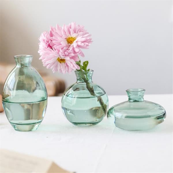 Glasvaser Set om 3, Söta Gröna Små Vasar Handgjorda, Mini Glasblomma Vas (Inkluderar Ej Blomma)