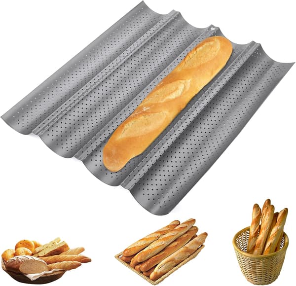 Baguette Bakeplate Perforert Form for Franske Brødlimper for 4 Baguetter (Sølv)-tfrf