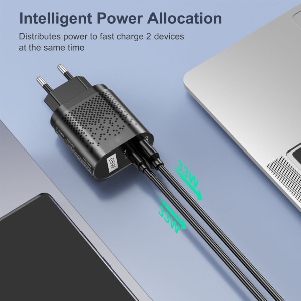 USA/EU/UK/KR 65W GaN-laddare för QC 3.0 USB PD väggladdare Typ C USB snabbladdare för bärbar dator Power Bank-adapter Black - US