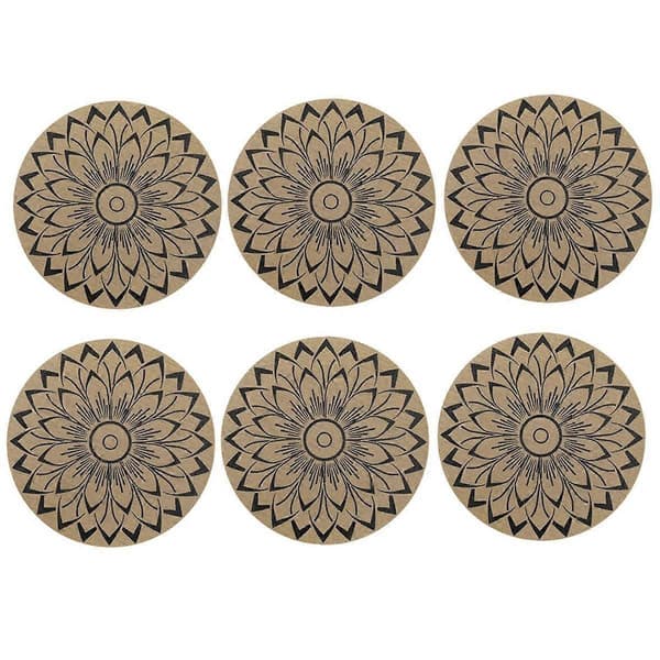 6 stk Svarte Runde Blomsterisolasjonsmatter Boho Blomstertrykk Sklisikre Flekkmatter Tørkbare Bordbrikker
