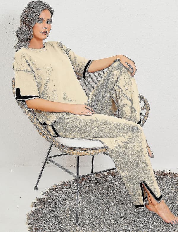 Women's 2 Piece Lounge Set Short Sleeve Knitted Pullover Tops Wide Leg Pants Ha