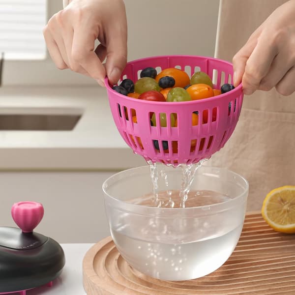 Black & Pink Fruit Washing Container with Lid & 360° Rotating Handle - Berry Strainer, Colander & Refrigerator Storage Bowl for Kitchen