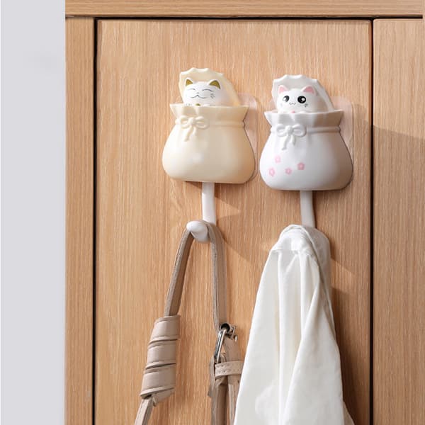 Cute Wall Hook Lucky Bag Cat Shape Punch Free Self Adhesive Decorative Hook for Hanging Hats Keys Towels White