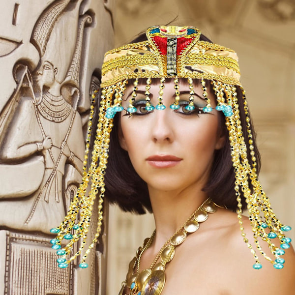 Egyptisk Huvudbonad för Kvinnor, Snok-Dekorerad Pannband med Pärlor, Egyptisk Kostymtillbehör, Pärlbeklädd Huvudbonad, Guld