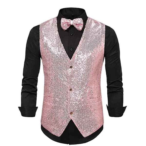 Herr Glitrende Pailletvest V-hals Normal Pasform Festkjole Kostumevest Butterfly 2 Dele rosa rosa XL