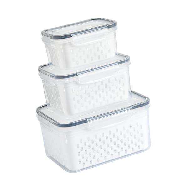 3-pack Drain Storage Basket Transparent Leak-Proof Food Storage Container with Removable Colander for Refrigerator