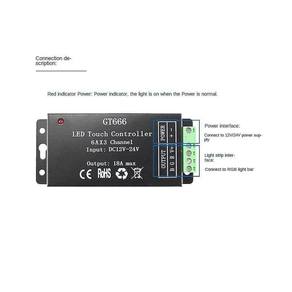 GT666 RGB LED Controller Wireless RF Touch Remote Control DC 12V 24V 18A 3 Channels Lights Tape Dimmer Switch
