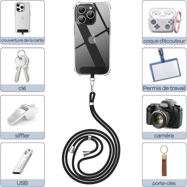 Phone Neck Strap with 2 Durable Black Tabs and 1.2m Adjustable Strap, Compatible with All Smartphones and Most Cases, Black
