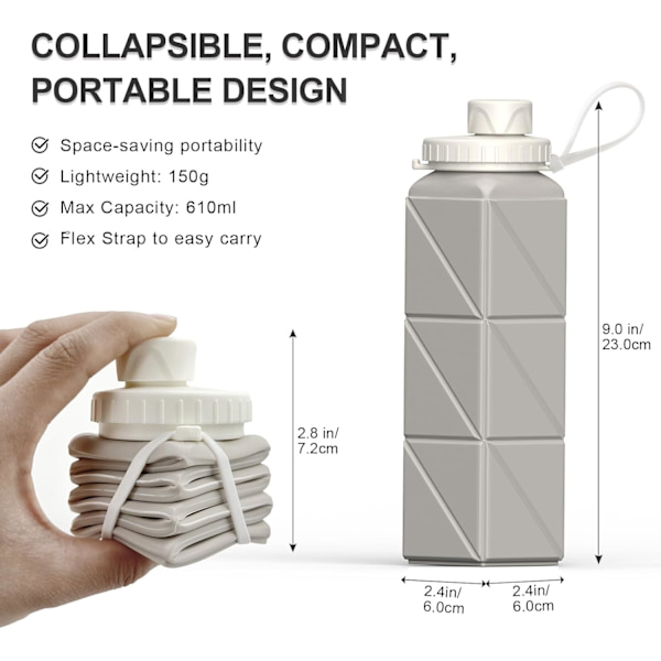 Foldable Drinking Water Bottle 610ml, Portable Silicone Water Bottle, Collapsible Drinking Water Container, Lightweight, Reusable White