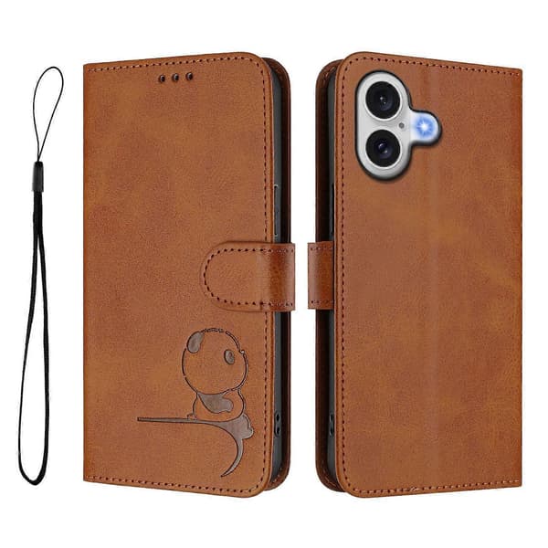 For iPhone 17 Case Panda Print RFID Blocking Wallet Leather Phone Cover with Wrist Strap Brown Brown Brown Brown