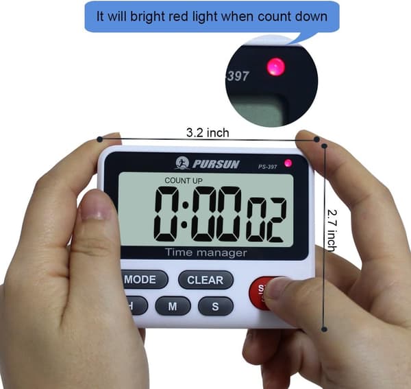 Køkkentimer, Køkkentimer med Ur, Digital Timer, Stopur, Timer med Magnetisk Bagside og Sammenklappeligt Stativ (Batterier Inkluderet)