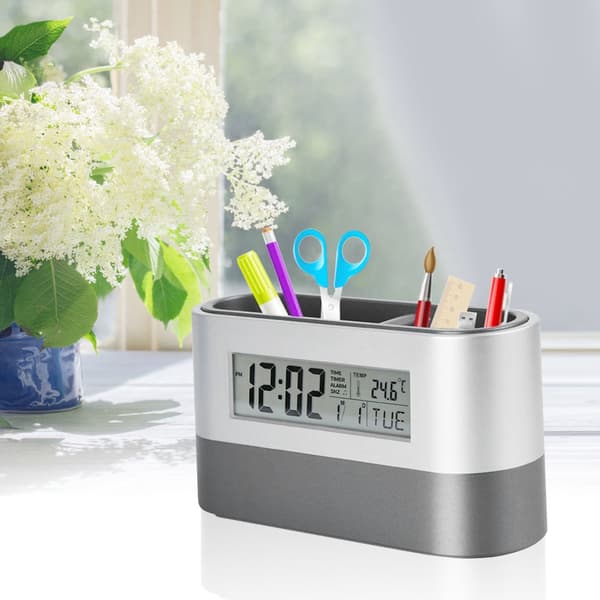 Innovative pennhållare LCD digital elektronisk klocka med evighetskalender temperaturdisplay