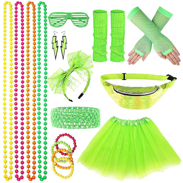 Women 80s Fancy Dress Accessories Retro Party Costume Tutu Skirt Neon Fishnet Gloves Beaded Necklace Bracelet Set