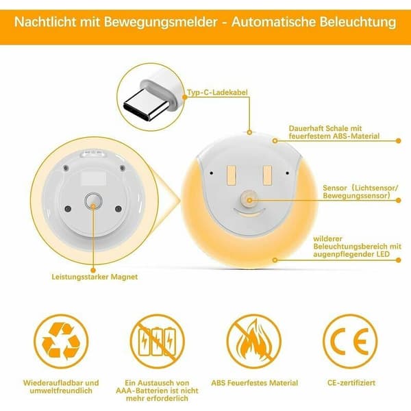 LED-lampe med bevægelsessensor – USB-genopladelig – 3 tilstande (Til/Fra/Auto)