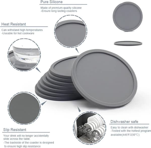 6-pack Silicone Coasters with Deep Edge, Heat Insulation Pads, Drink Glass Mat, for Hot or Cold Drinks (Grey)