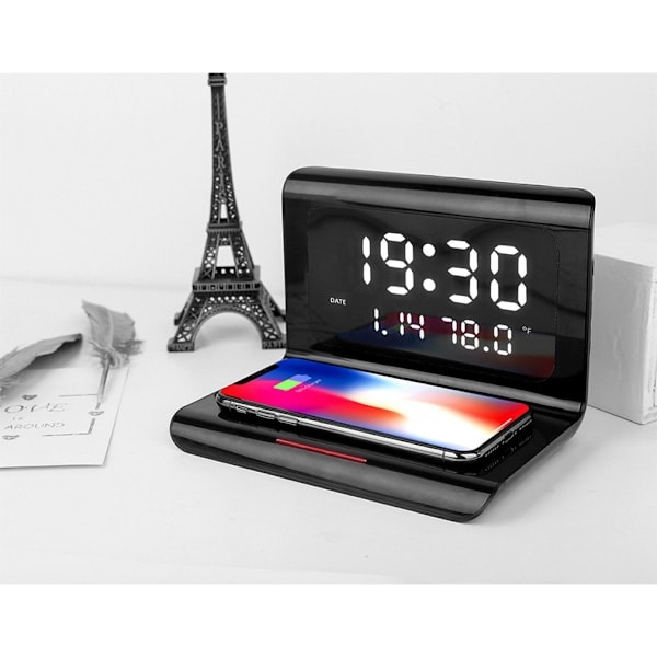 Creative Digital Alarm Clock, Wireless Charging, Multifunctional 3-in-1 Mobile Phone Wireless Charging Alarm Clock, Black