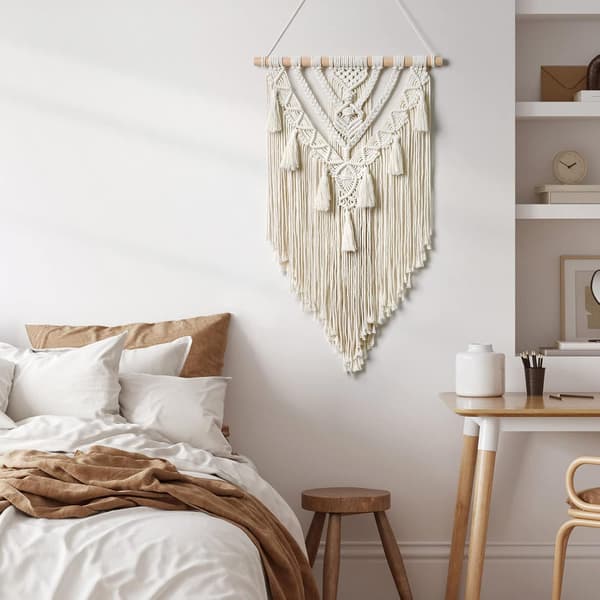 Vevd veggteppe – bohemsk geometrisk vevd gobeleng (beige)