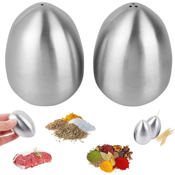 Sett med 2 krydderkrukker i rustfritt stål BBQ Pepperbøsse Eggformede Saltbøsser (1 hull og 3 hull) Grå Grey