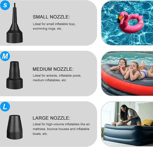 Elektrisk luftpump, elektrisk pump för uppblåsbara föremål, 150W poolpumpar, bärbara tömningspumpar med 3 munstycken för luftmadrass, simring