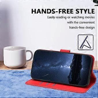 Lærfutteral med lommebok og stativ i ensfarget design for Samsung Galaxy S23 - Rød